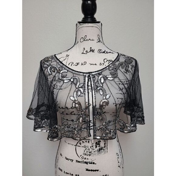 ✨ Sequin Mesh Evening Party Retro Flapper 1920s Shawl Wrap Cover Up Cape NEW - Picture 8 of 13